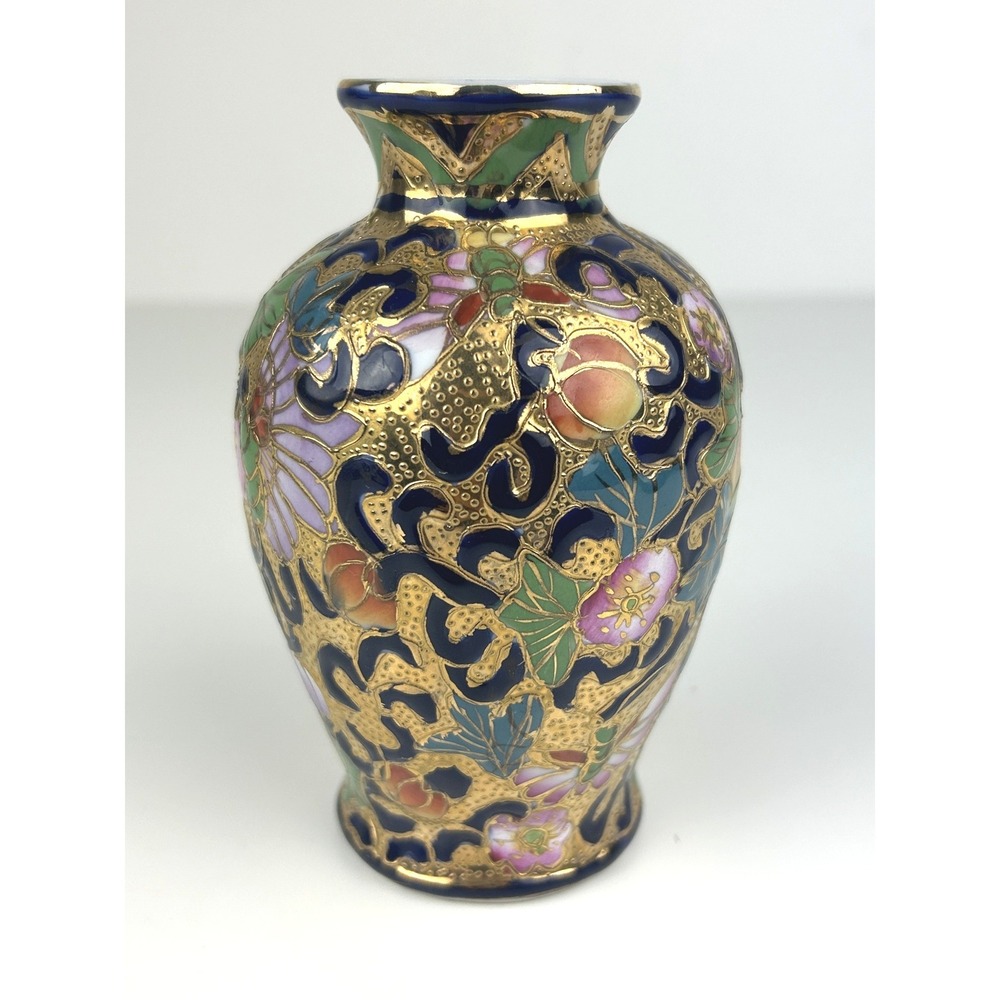 Vintage Chinese Cloisonné Style Vase Floral Enamel Blue Gold‎ 5.5"